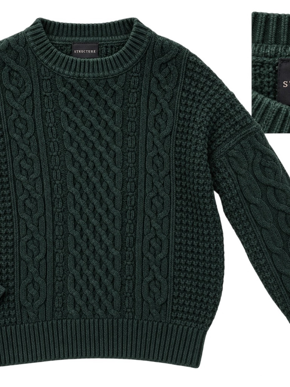Structure Men's Forest Green Cable Knit Crewneck Sweater